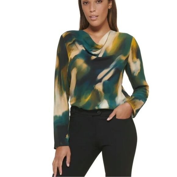 Calvin Klein forest green and tan cowl neck long sleeve top size 1X NWT - Picture 1 of 7